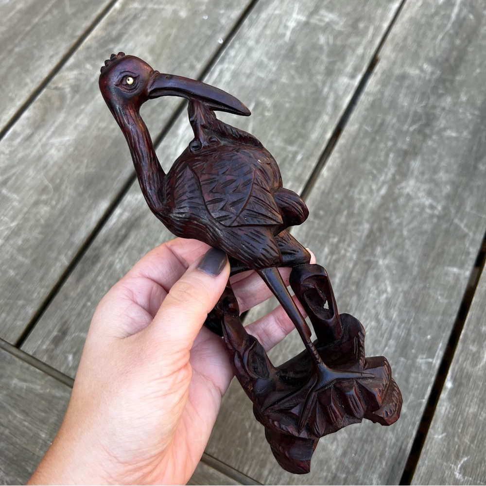 Vintage Chinese Wood Hand Carved Crane Bird Sculpture Figurine 8" Boxwood